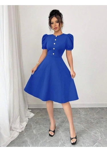 Kadın Kısa Kollu Bisiklet Yaka Önden Düğmeli Ithal Krep Elbise Saks Mavi