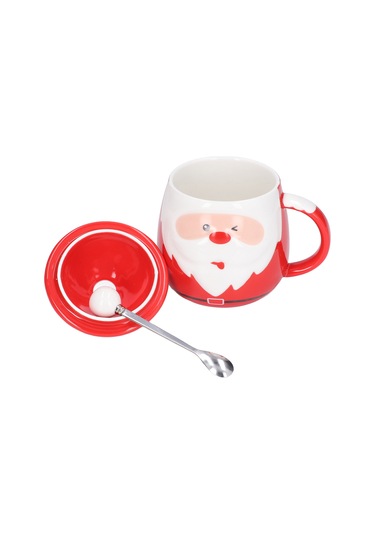 Yaleker Noel Baba Desenli Seramik Bardak, 450ml Kapasite, Kapağı Ve Kaşığı İle, Çay Kahve Süt İçin, Ev Ofis Kullanıma Uygun Diğer