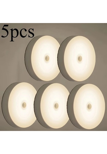 Honeybeeshop 5 Adet Beyaz Manyetik Gece Lambası İnsan Sensörü Led Küçük Yuvarlak Işık Koridor Dolap Merdiven Masa Okul Yatak Odası 200mah Beyaz