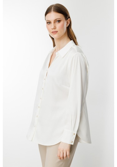 Ekol Kadın Büyük Beden Saten Gömlek 3510 Ekru Ekru