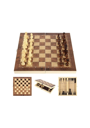 Sones 44 X 44 Cm 3'ü 1 Arada Ahşap Satranç Takımı Çocuklar Ve Yetişkinler İçin Katlanabilir Satranç Tahtası