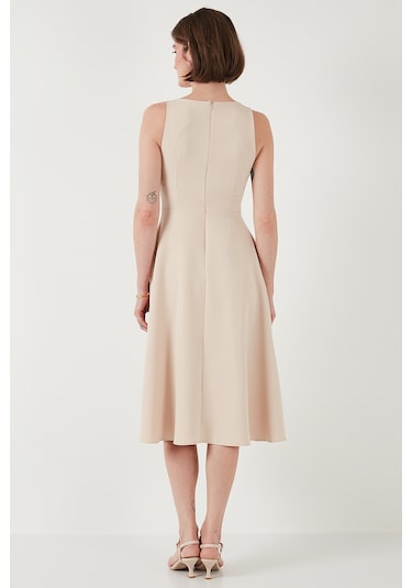 Lela Bisiklet Yaka Regular Fit Cepli Pileli Midi Bayan Elbise 6051963 Taş