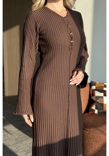 Kahverengi Streç Midi Boy Elbise - 1725 Kahverengi