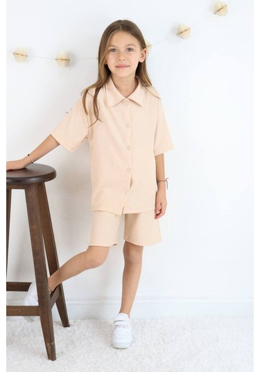 Gömlek Oversize Kız Şort Takım Bej