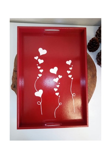 Yeni Yıl Tepsisi Ahşap Dekoratif Kahve, Çay, Söz, Nişan, Sunum , Servis Tepsisi Kırmızı