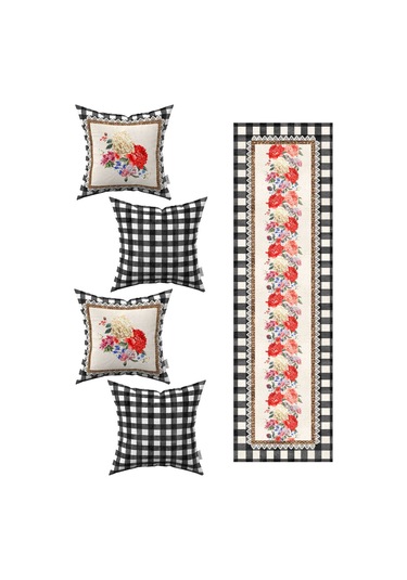 Siyah Beyaz Kareli Çiçek Desenli 4'lü Kırlent Kılıfı 1 Runner Seti 4kmbs270 Rs Siyah