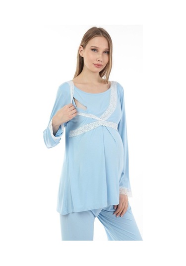 Luvmabelly Myra9707 Dantelli Emzirme Hamile Pijama Takımı -mavi-mavi