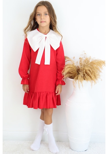 Kız Çocuk Rashel Kırmızı Yakalı Fırfırlı Uzun Kol Keten 23 Nisan 29 Ekim Gösteri Elbisesi Kırmızı
