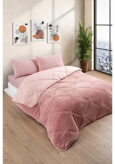 Tek Kişilik Wellsoft Yorgan - Çarşaflı Yastık Kılıflı Uyku Seti Pudra