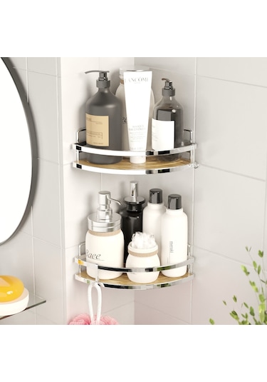 TEKNOTEL YAPIŞKANLI KANCALI 2 ADET BANYO KÖŞE RAFI KROM ST273H Krom