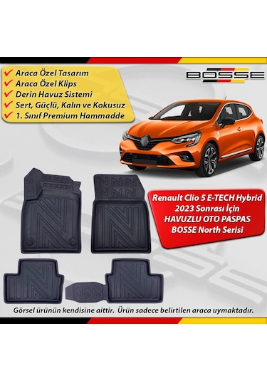 Renault Clio 5 E-tech Paspas Hybrid Araca Özel 2023 Sonrası Derin Havuzlu Paspas Bosse North Serisi