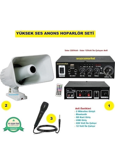 Pazarcı Anons Hoparlör Seti Yüksek Ses Horn Hoparlör Mikrofon Us