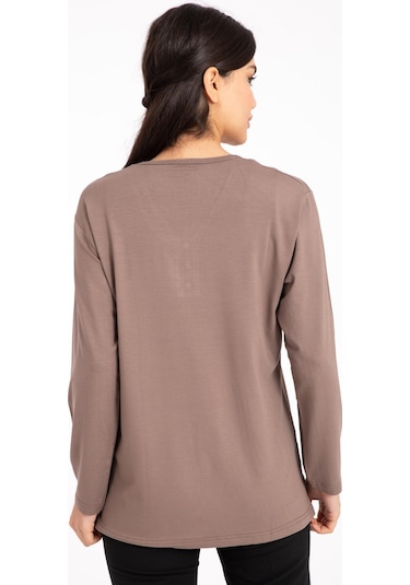Kadın Orta Yaş ve Üzeri Dört Mevsim V Yaka Rahat Kalıp Likralı Viskoz Anne Penye Bluz 140-Vizon