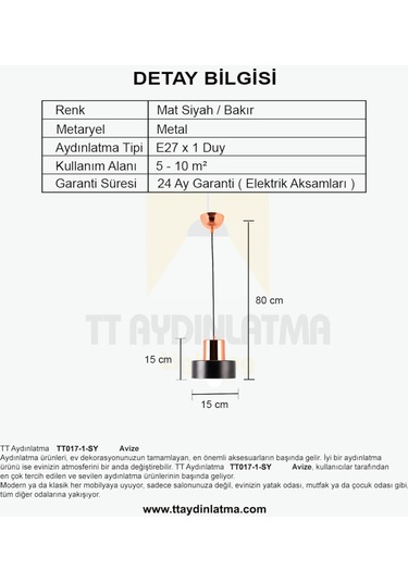 Tt017-1-Sy Tt Aydınlatma Tekli Siyah Avize