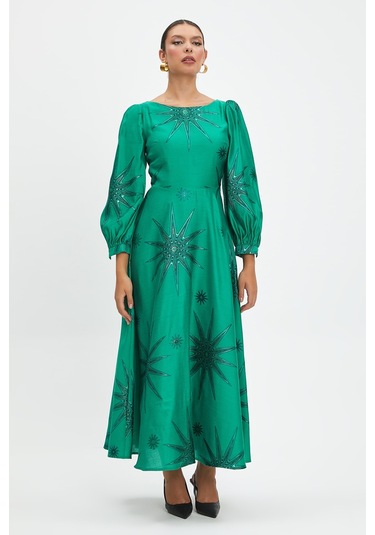 Parlak Yıldız Desenli Elbise - Zamansız Tasarım Ve Şık Detaylar Yeşil