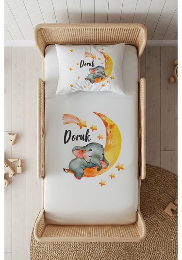 %100 Pamuk Saten İsme Özel İsimli 100x200 Tek Kişilik Lastikli Çarşaf Seti Uykucu Fil Beyaz