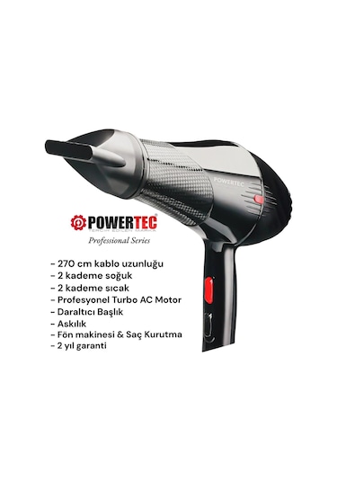 Powertec TR-701 Profesyonel Fön Makinesi + Vigo Difüzör Başlık + Profesyonel Fön Fırçası