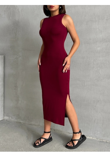 Kadın Yırtmaç Detaylı Kolsuz Soft Touch Esnek Elbise Bordo