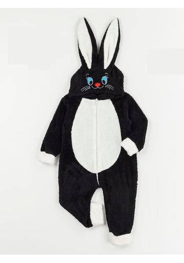 Mj Kids Welsoft Peluş Fermuarlı Tavşan Tulum 1-2-3 Yaş Siyah