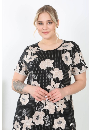 Kadın Siyah Vizon Sarmaşık Desen Midi Elbise Siyah - Turuncu