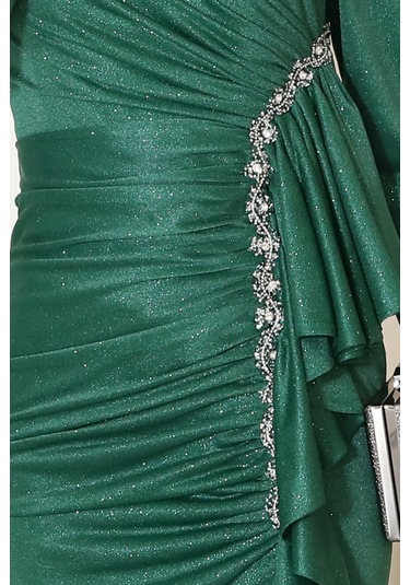 Parıltılı Fırfır Detaylı Zühre Tesettür Abiye Zümrüt