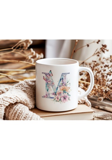 M Harfi Çiçekli Kupa Bardak - Soft Renk Çiçek Ve Kelebek Desenli Zarif Kahve Kupası - Bohem Beyaz
