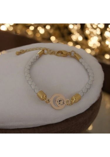 Archin Joker Temalı Ay Motifli 14 Ayar Altın Plakalı Doğal Beyaz Derili Hediye Bileklik-477sembol Joker