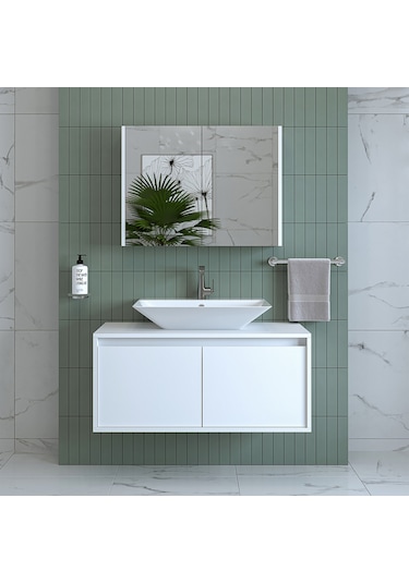 Banos Banyo Roomart Lavabolu Mat Beyaz Mdf 100Cm Banyo Dolap+Ayna Mat Beyaz