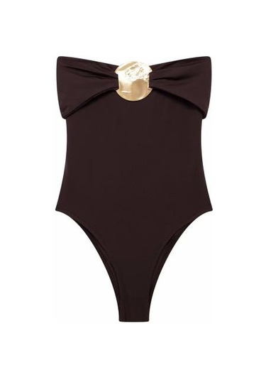 Seksi Monokini Bandeau Kolsuz Slim Fit Tek Parça Bikini Metal Takılarla Karın Kontrol Hızlı Kuruyan Tek Parça Mayo Kahverengi