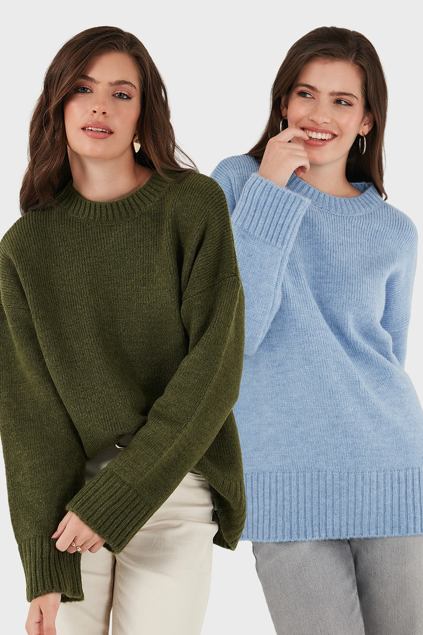 Lela Regular Fit Bisiklet Yaka Basic 2'Li Paket Triko Bayan Kazak 4616213S2 Bebe Mavi-Haki