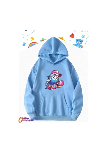 Muhabbet Kuşu Tasarım Çocuk Sweatshirt Hoodie Mavi