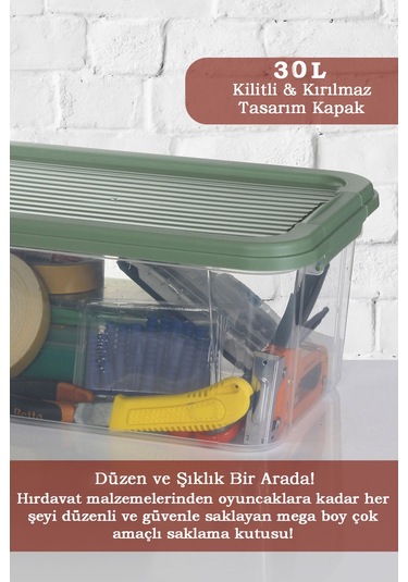 2'li 30l Multibox Saklama Kabı Kilitli Kapaklı Çok Amaçlı Düzenleyici Kiler Depolama Saklama Kutusu Yeşil