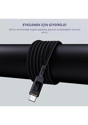 Aukey Cb-mcc102-bk 100w Naylon Örgülü 5a 480mbps Type-c Type-c Lcd Ekranlı Kablo 1.8mt