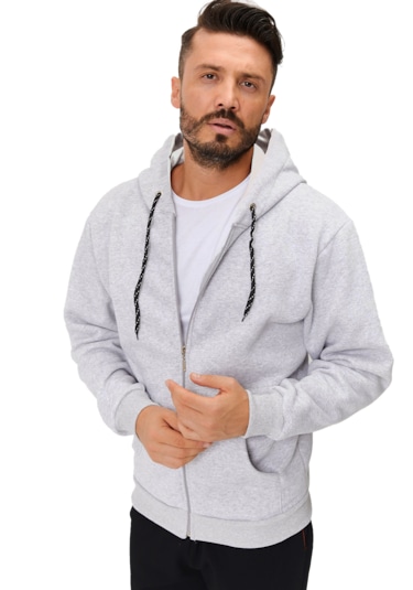 Gri 3 İplik Fermuarlı Kapşonlu Sweatshirt Gri