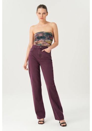 Diana Mürdüm Yüksel Bel Patı Fermuarlı Dad Straight Fit Pantolon C 4517-113 Mürdüm