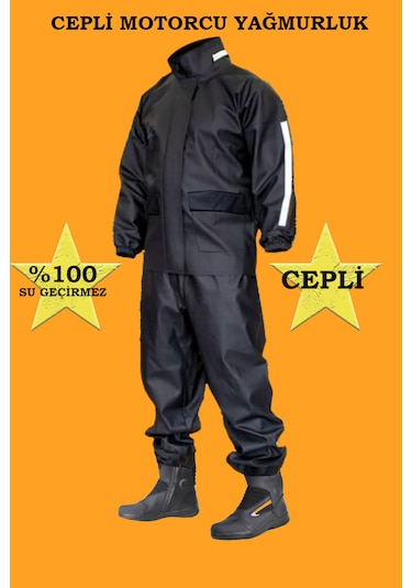Cepli Su Geçirmez Ekstra Esnek Motorcu Yağmurluk Takım Siyah