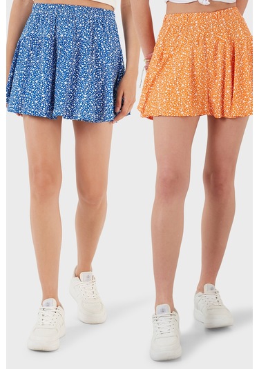 Lela Desenli Beli Lastikli Slim Fit Mini 2'Li Paket Bayan Şort Etek 5864024S2 Oranj-Saks