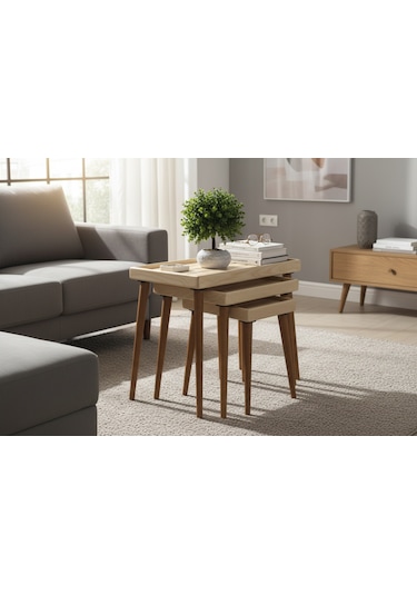 Mobenta Basic Nest-3 Doğal Masif Ahşap 3'lü Zigon Sehpa, Latalı - Bz Krem