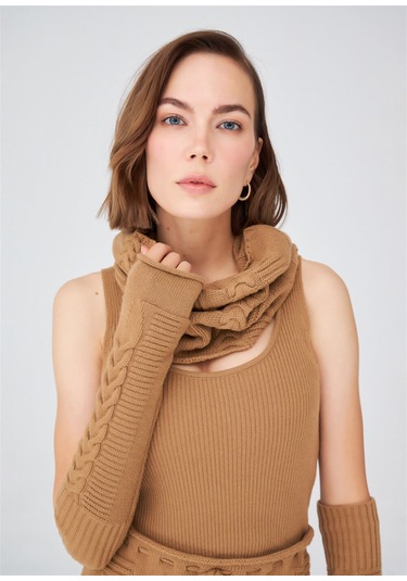 Peraluna Saç Örgü Desenli Uzun Kadın Triko Eldiven Camel Camel-Standart Camel