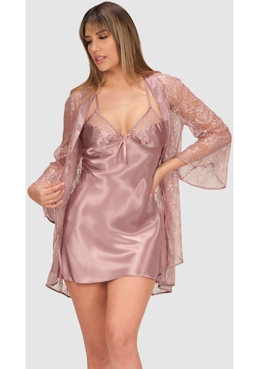Nbb Kadın Vizon Dantelli Saten Gecelik Sabahlık Takımı Vizon