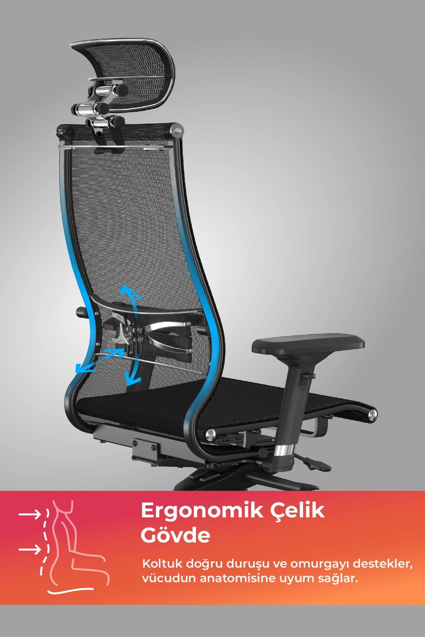 Samurai Ergonomik Koltuk Bel Destekli, Tekerlekli, Krom Ayaklı, Boyun Destekli Ofis Koltuğu - 30.3.15.2 Çok Renkli