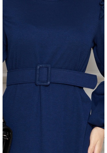 Omuzu Fırfır Kemerli Elbise-lacivert-4560 Lacivert