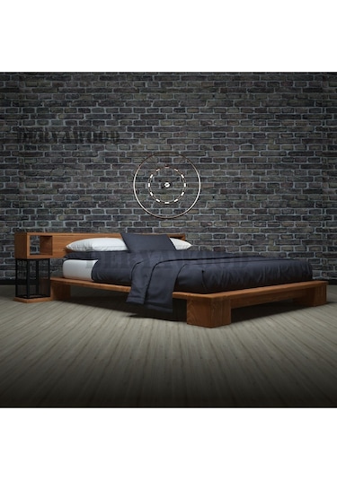 Mar Ahşap Raf Başlıklı Karyola Çift Kişilik-180x200 Cm- Açık Ceviz Renk