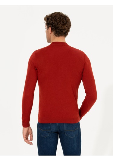 Cacharel Kiremit Slim Fit Çeyrek Balıkçı Yaka Basic Triko Kazak Kırmızı