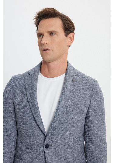 Ac&Co / Altınyıldız Classics Erkek Lacı Slim Fit Dar Kesim Mono Yaka Desenli Torba Cepli Ceket Lacı Lacivert