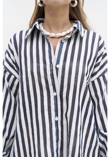 Rosy Transparan Çizgili Lacivert Oversize Gömlek Lacıvert