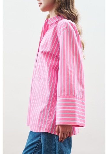 Çizgili Pamuklu Gömlek Pembe Çizgi Pembe Çizgi