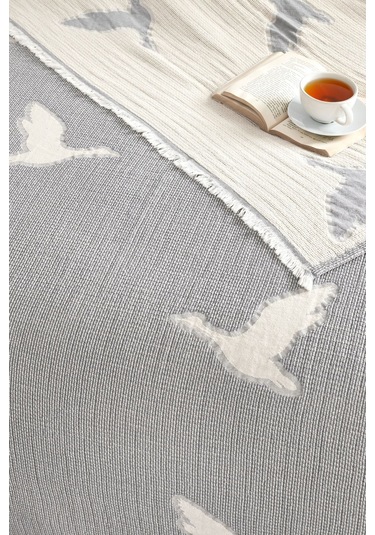Kuş Desenli Jakarlı Pike Çift Kişilik 240 250cm Gri
