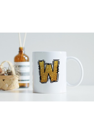W Harfi Gold Simli Kupa Işıltılı Alfabe Harf Tasarımlı Kahve Kupası - Kişiye Özel Hediye Beyaz
