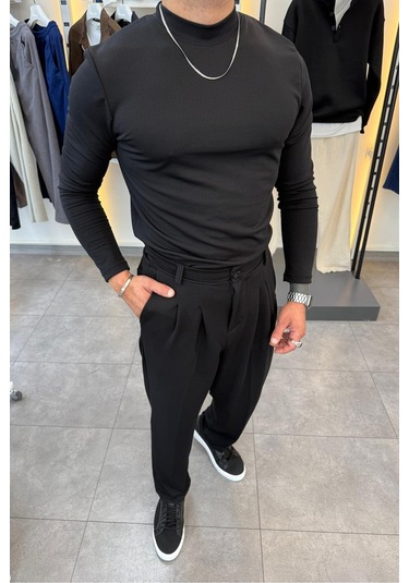 Yarım Balıkçı Pamuk Örme Likralı Esnek Rahat Kumaş Pileli Pantolonlu Takım Siyah